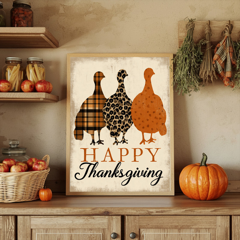 Rustic turkey silhouette canvas print for hallway, Happy Thanksgiving sign style wall art to welcome guests in entryway
