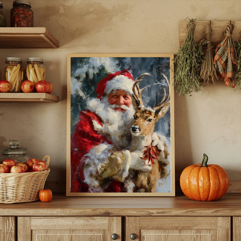 Santa Claus with reindeer forest canvas wall art, portrait orientation, snow-laden pines and sleigh for narrow hallway walls