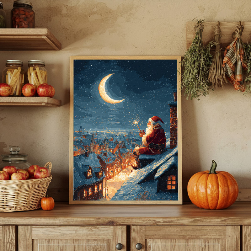 Santa's rooftop magic Christmas night canvas wall art with cozy village roofs, frosted snow, and Santa waving from chimney