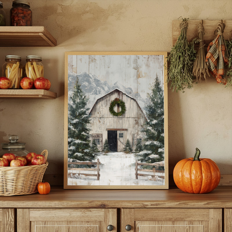 Rustic Christmas vintage barn canvas wall art for farmhouse entryway, understated tones suit cozy country holiday decorating
