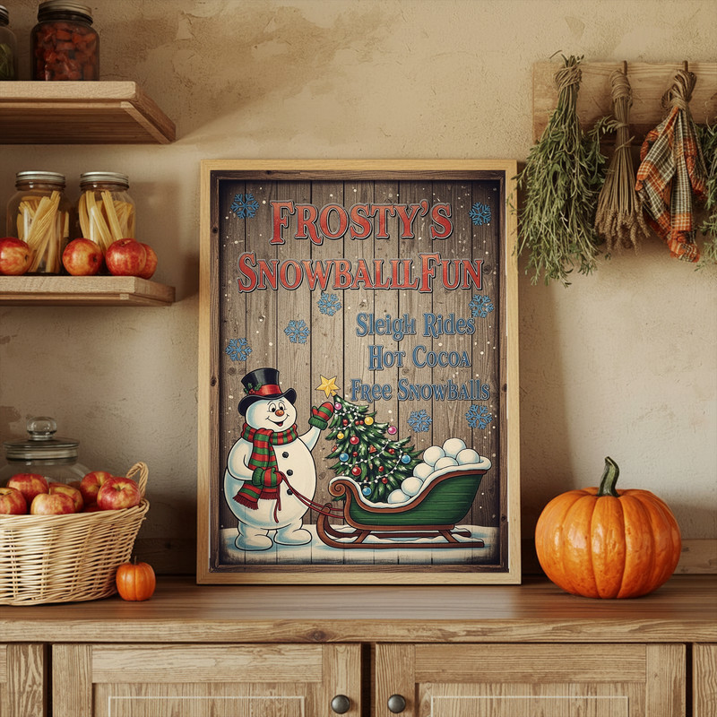 Vintage Frosty the Snowman canvas wall art, square format with snowy backdrop and pine trees, ideal for entry hallway