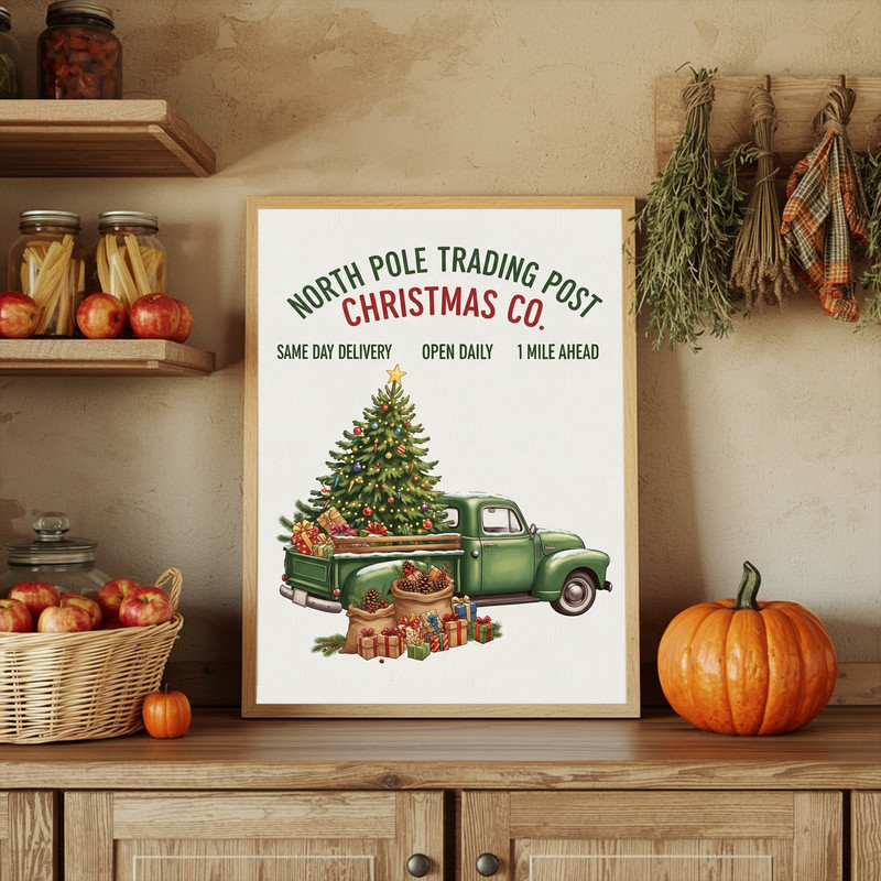 Vintage Thanksgiving truck canvas wall art with harvest market pumpkins, farmhouse fall palette ideal for hallway accent