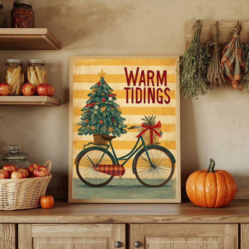 Christmas bicycle canvas wall art with bike and evergreen tree, holiday gift for cyclists and cozy winter home decor