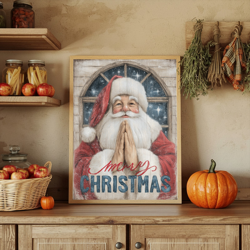 Whimsical Santa Christmas canvas wall art for hallway, farmhouse aesthetic with playful Santa motif, background, landscape