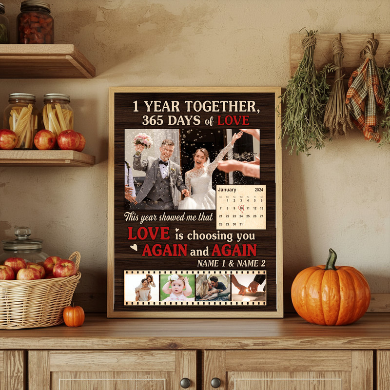 Anniversary canvas wall art collage with custom names, date, and wedding photos, thoughtful first anniversary gift for couple