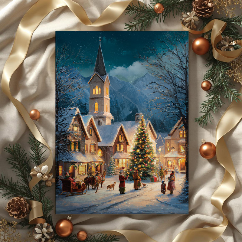 Magical Christmas night canvas wall art featuring snowy mountain horizon and twinkling night sky, rustic hallway wall accent