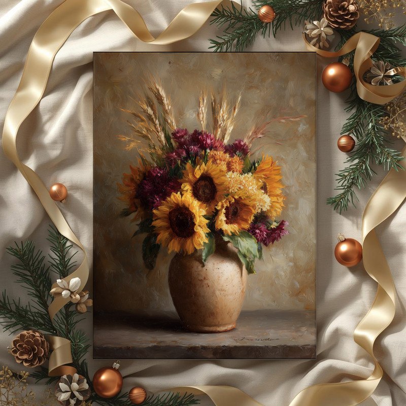 Autumn sunflower and wheat bouquet canvas wall art, terracotta vase still life with warm colors for hallway decor