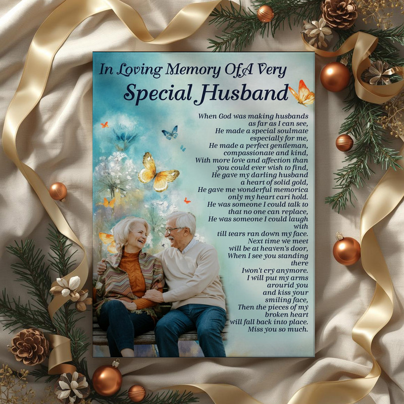 Memorial personalized canvas wall art honoring husband, elegant script 'In Loving Memory' with custom name and dates, serene home memorial decor