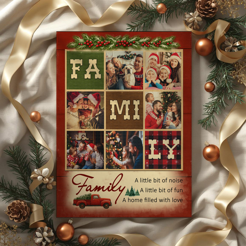 Rustic farmhouse family photo collage canvas with custom family name and quote on wood background, horizontal, Christmas gift for parents | Family Wall Decor
