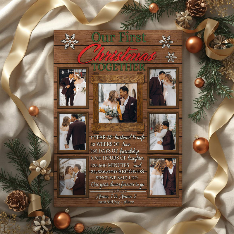 First Christmas Together personalized photo collage canvas, couple’s names and date, thoughtful gift for newlyweds or spouses
