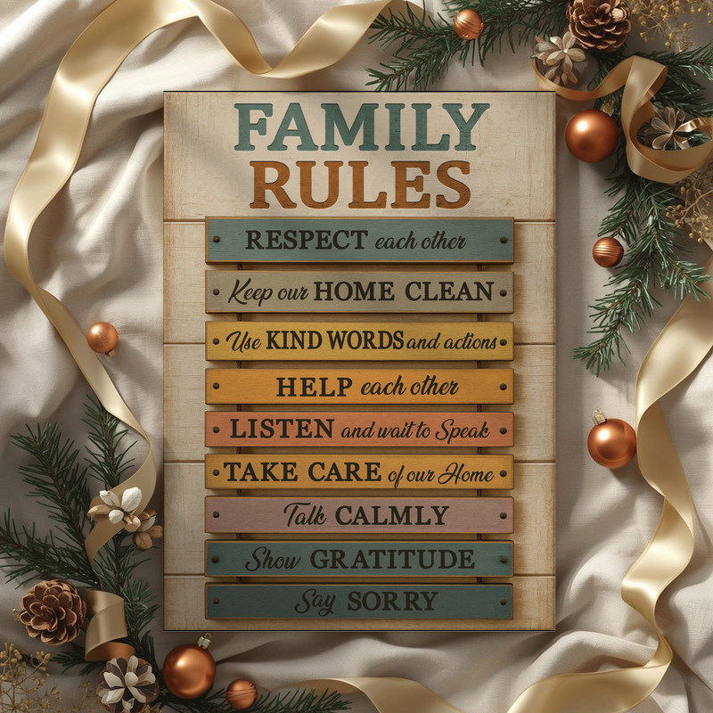 Family rules canvas print, rustic farmhouse wall art for living room decor, cream background with charcoal text