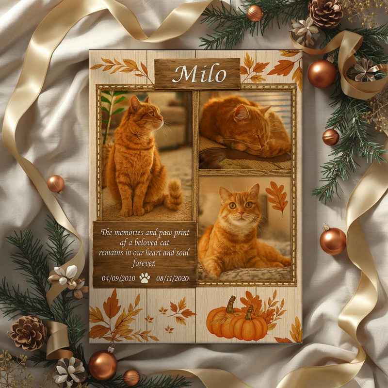 Farmhouse cat memorial photo collage canvas, warm earth tones and fall motifs; sympathy gift for a grieving cat parent