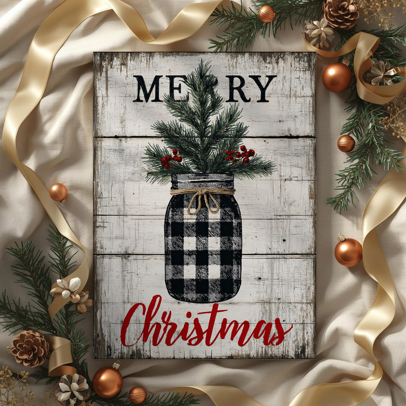 Farmhouse pine tree Christmas canvas wall art showcasing evergreen cluster on warm white, square format for entryway