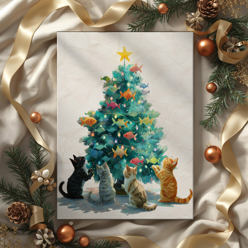 Christmas tree with curious kittens canvas wall art, festive holiday scene for entryway decor, whimsical seasonal home accent | Familywalldecor
