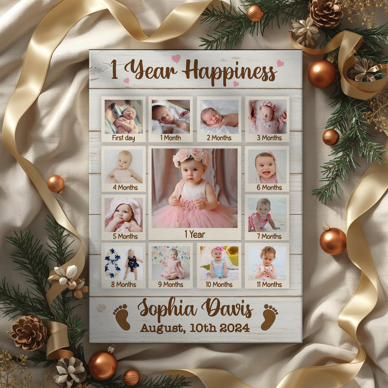 Baby first year photo collage canvas, rustic woodgrain, 12-photo grid personalized with name and date, living room decor