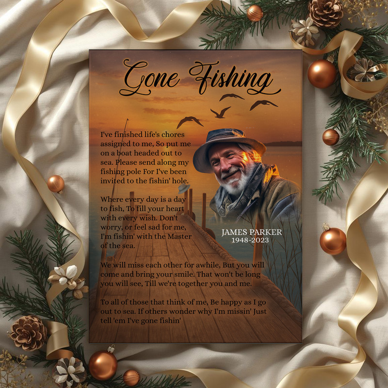 Fishing memorial canvas wall art, custom photo and name, celebrating their love of the lake; condolence gift and tribute
