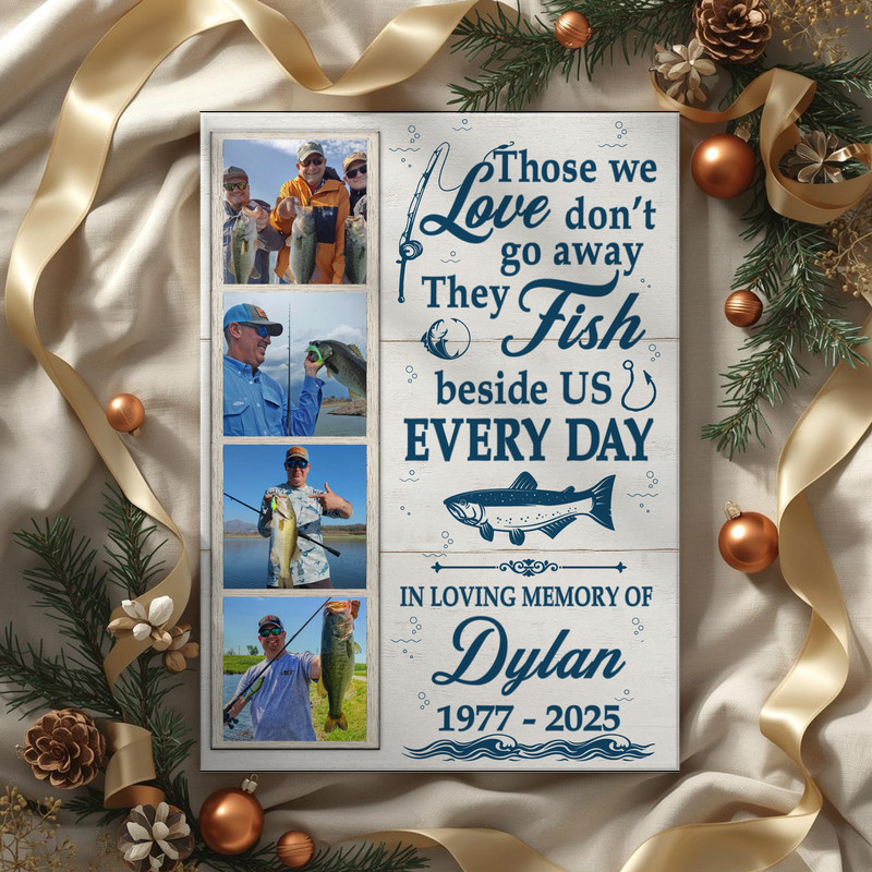 Fishing memorial canvas wall art, sympathy gift for fisherman's family, custom photo collage, name and dates, peaceful lakeside background