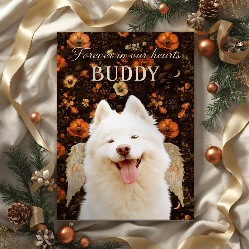 Dog memorial wall art canvas, farmhouse fall aesthetic with "Forever In Our Hearts," custom name and years, sympathy gift.