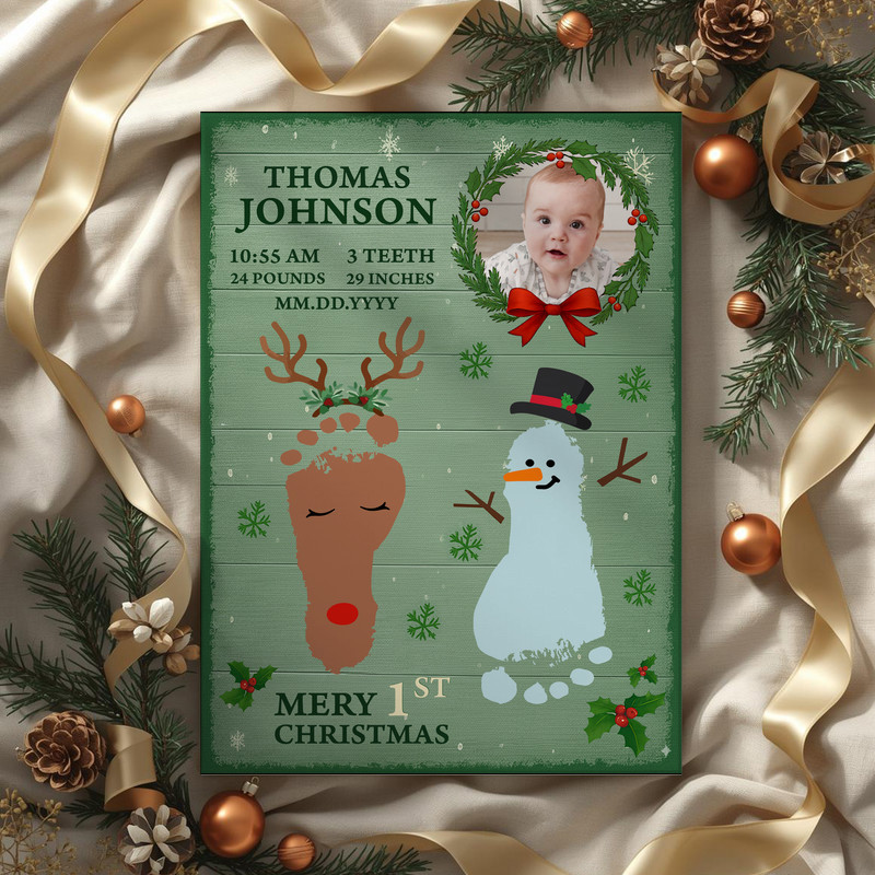 Baby footprints Christmas canvas personalized with name and date, red-green accents, Baby's First Christmas keepsake gift | Family Wall Decor