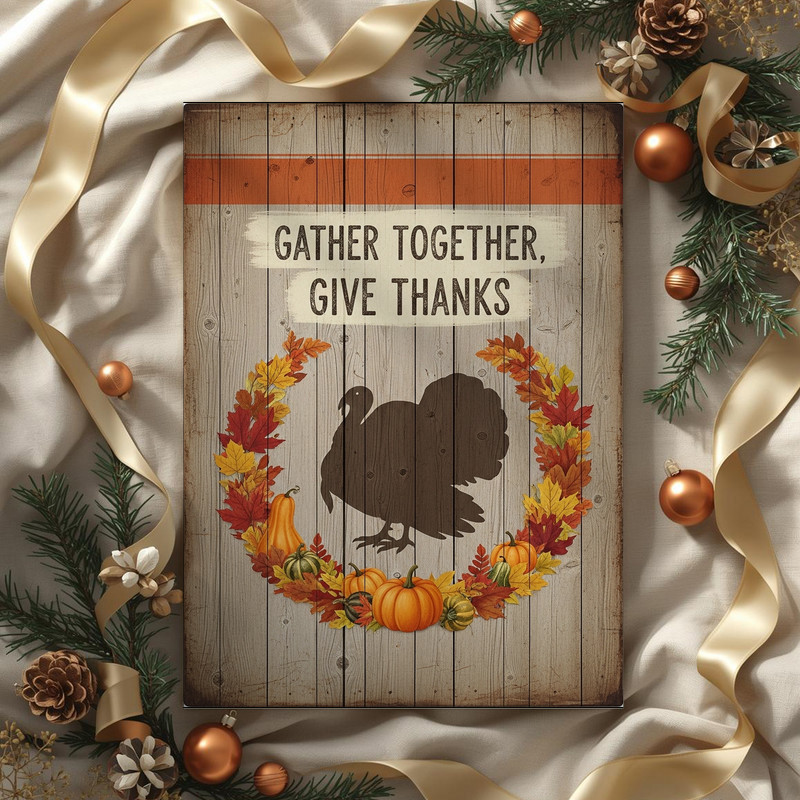Gather Together Give Thanks canvas wall art, rustic farmhouse hallway piece with earthy hues for Thanksgiving decor