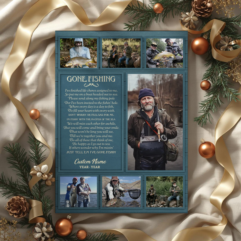 Gone Fishing memorial canvas wall art, forest green style with personalized photos, name and dates, bobber accents, portrait layout