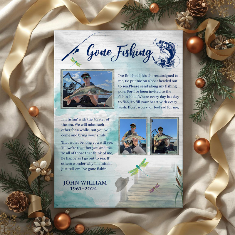 Gone Fishing memorial canvas wall art, three-photo collage with aqua wash and quote, remembrance decor for living room