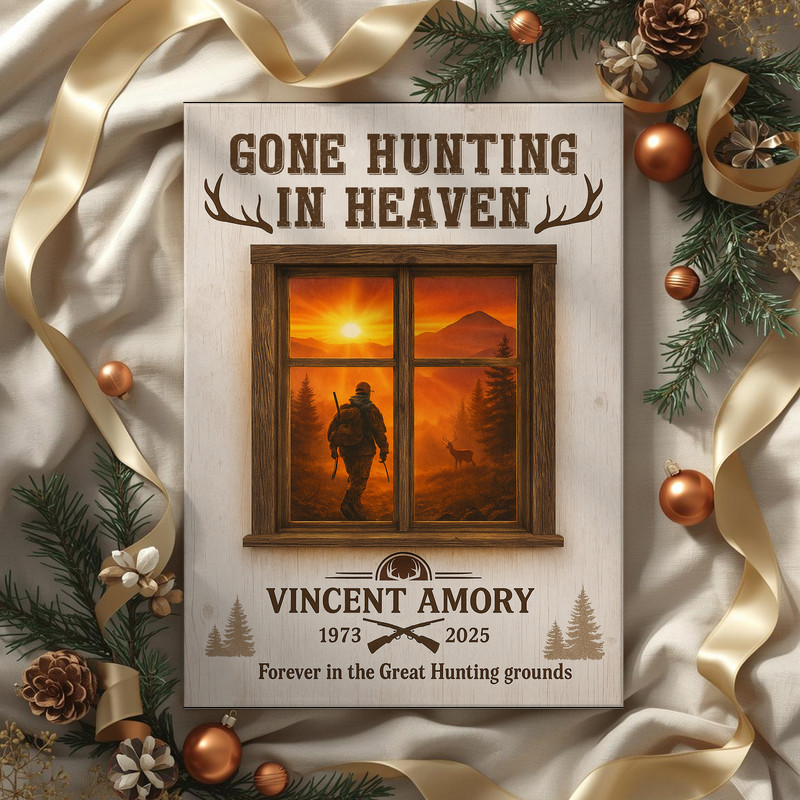 Memorial hunting canvas wall art in rustic tones, forest and mountains, personalized name and dates, entryway memorial decor