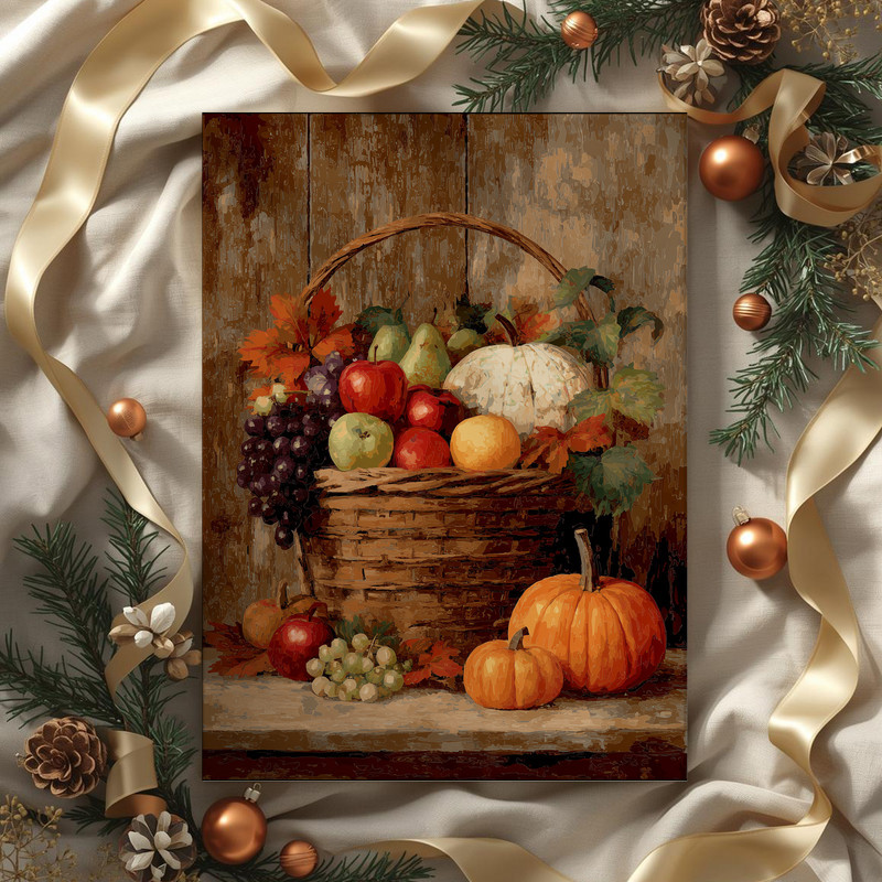 Harvest basket still life canvas wall art, textured finish, apples, pears, pumpkins; elegant autumn accent for hallway decor