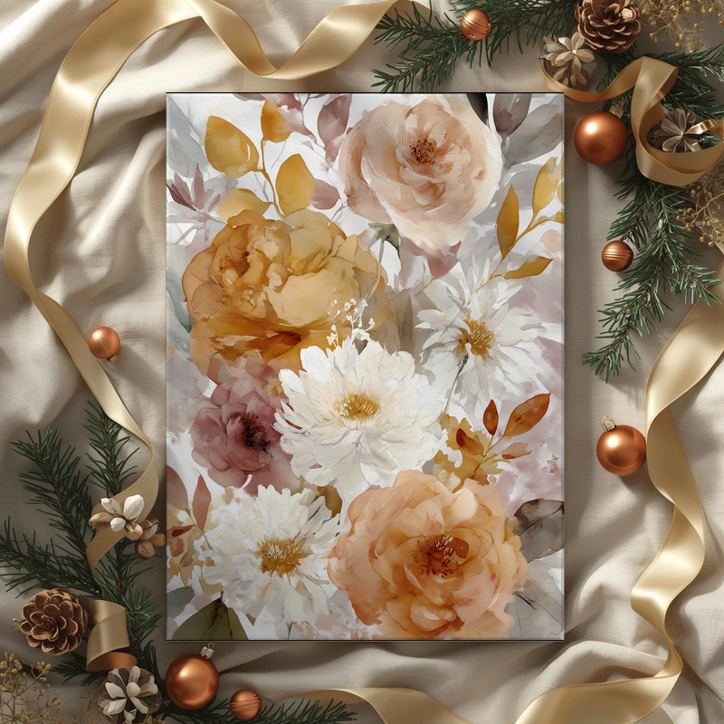 Abstract fall floral canvas wall art with layered washes and plum-orange highlights, gallery-wrapped edges for hallway