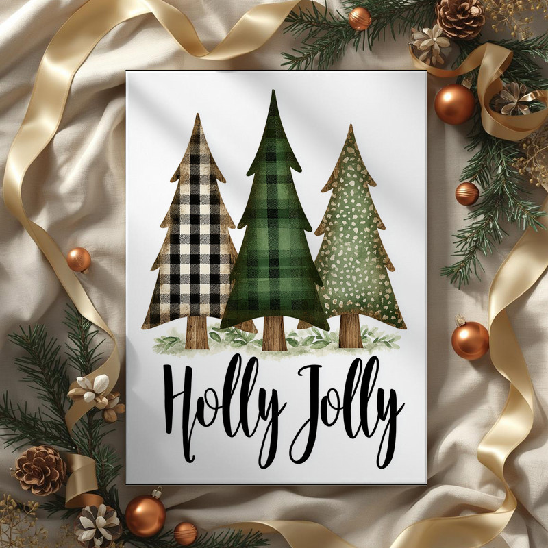 Holly Jolly rustic pine trees canvas art, narrow portrait orientation for farmhouse hallway, serene winter forest Christmas