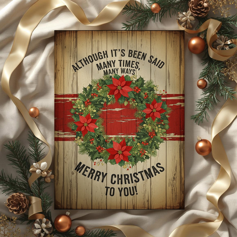 Retro holiday wreath canvas wall art with festive “Merry Christmas To You” typography, red berries and ribbon, traditional hallway decor
