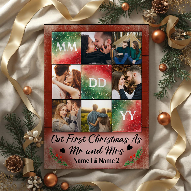 Our First Christmas as Mr & Mrs canvas wall art, photo collage with names and wedding date, Christmas gift for newlyweds Our First Christmas as Mr & Mrs canvas wall art, photo collage with names and wedding date, Christmas gift for newlyweds