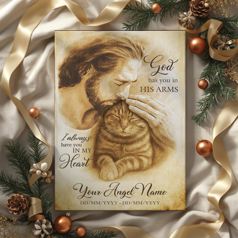 Cat memorial canvas, 'God Has You In His Arms', custom name and dates on navy starry background, gallery-wrapped wall art Cat memorial canvas, 'God Has You In His Arms', custom name and dates on navy starry background, gallery-wrapped wall art