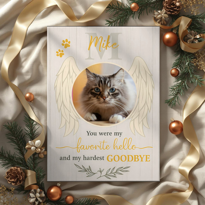 Cat memorial photo canvas wall art, minimalist white background with angel wings, custom name, dates, and photo; black frame