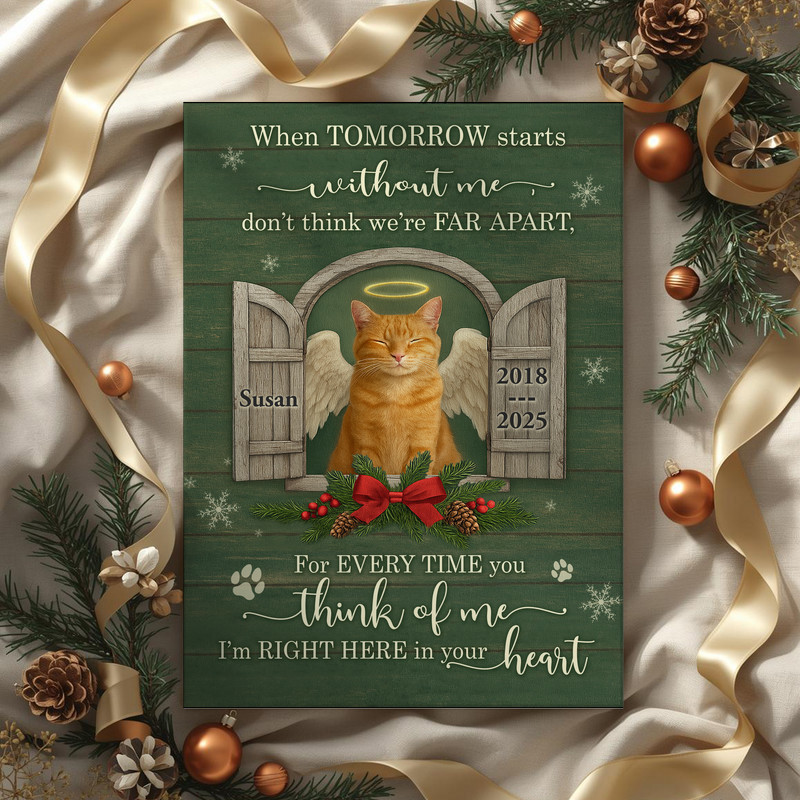 Cat memorial Christmas angel canvas wall art for living room, farmhouse neutral palette, personalized name, halo over paw prints.