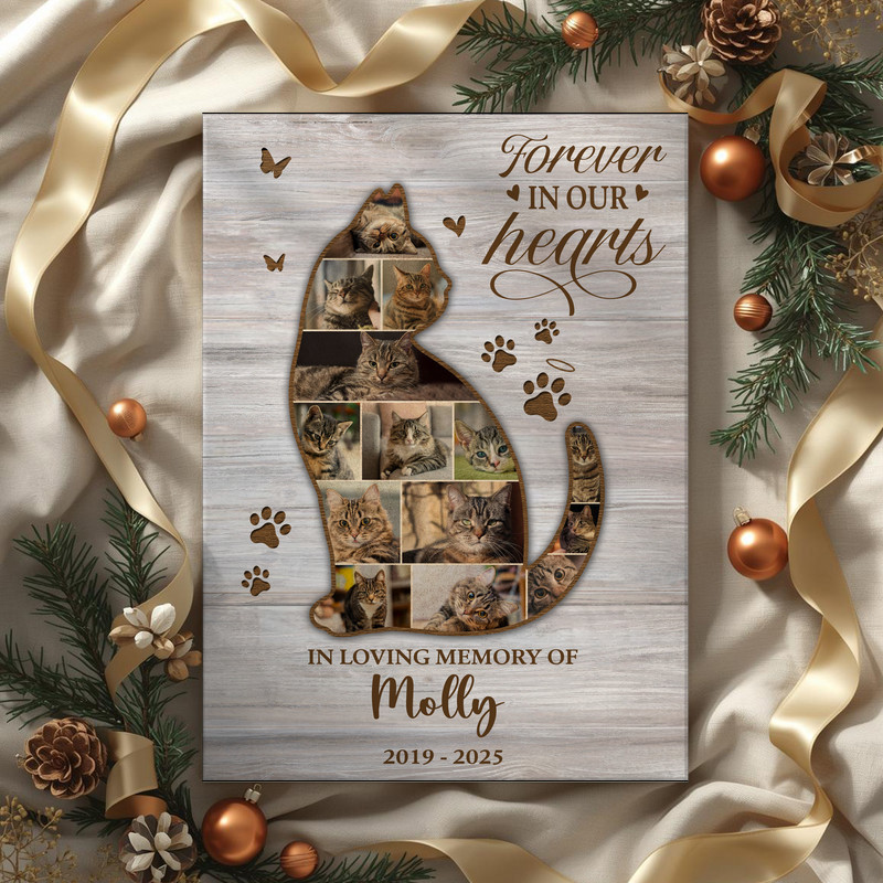 Cat memorial photo collage canvas, grid layout, add photos plus pet name and dates, tribute wall art for mourning families