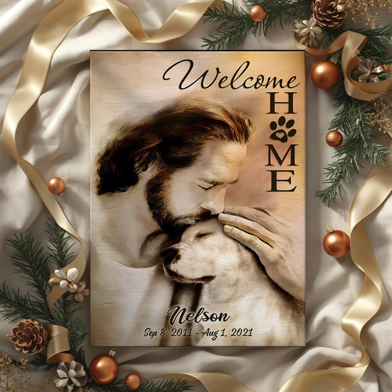 Christian dog memorial canvas wall art of Jesus welcoming pets beyond the clouds, custom name and date, bedroom decor