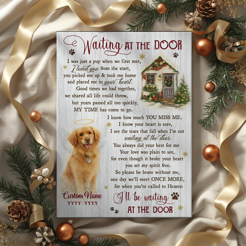 Dog memorial canvas wall art, Christmas gift, 'Waiting at the Door' verse, personalized pet name and memorial dates