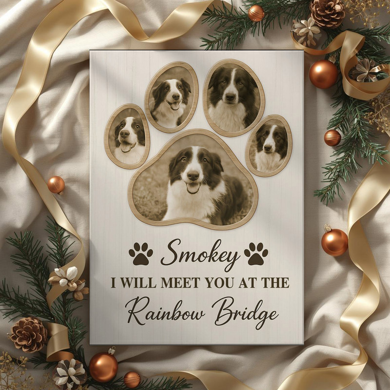 Dog memorial paw print canvas on whitewashed wood, custom pet name and dates, paw photo collage tribute for remembrance Dog memorial paw print canvas on whitewashed wood, custom pet name and dates, paw photo collage tribute for remembrance
