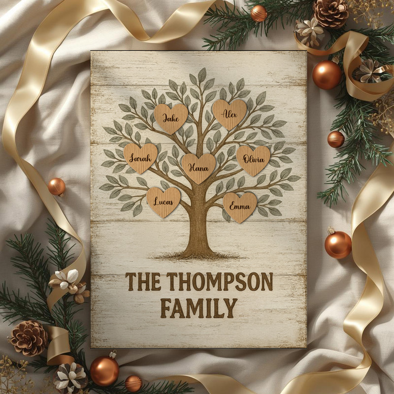 Personalized family tree canvas print, charcoal gray background with white typography, minimalist farmhouse style, landscape