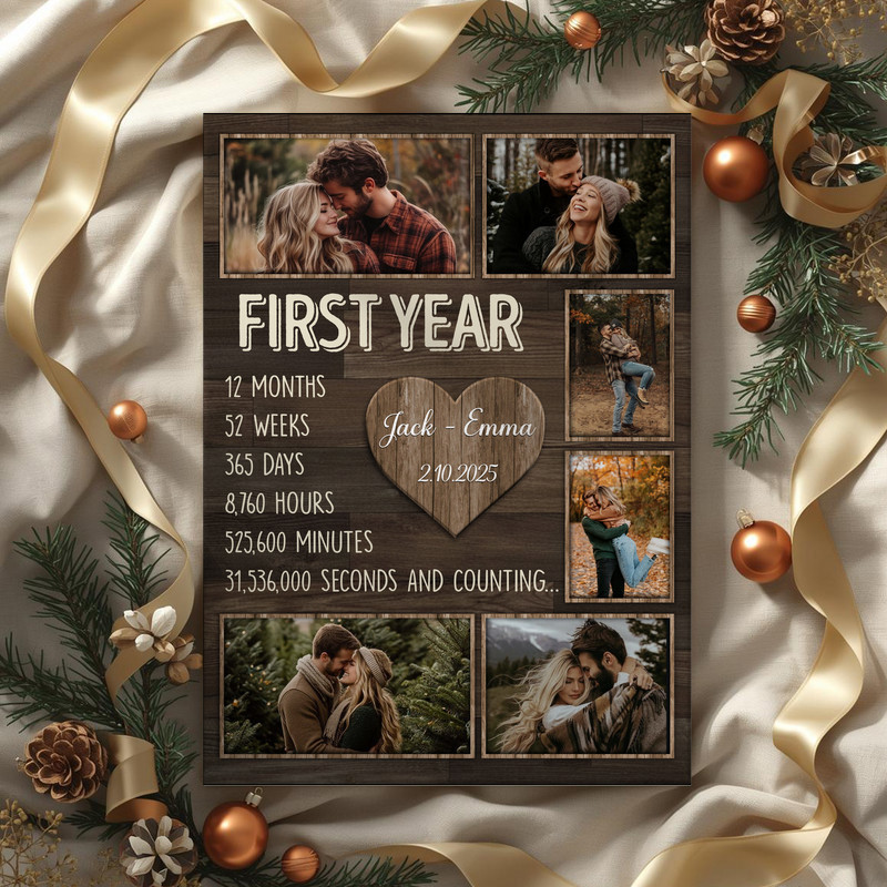 First-year anniversary photo collage canvas, custom milestone gift with heart accents, farmhouse look with names and date