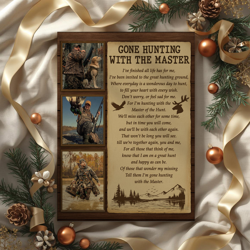 Gone Hunting memorial canvas wall art for hunters, rustic farmhouse aesthetic, custom name and dates, heartfelt sympathy gift