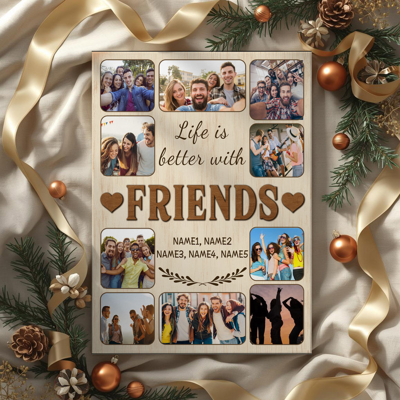 Life Is Better With Friends photo collage canvas wall art, boho palette, personalized with names and date, for gallery wall