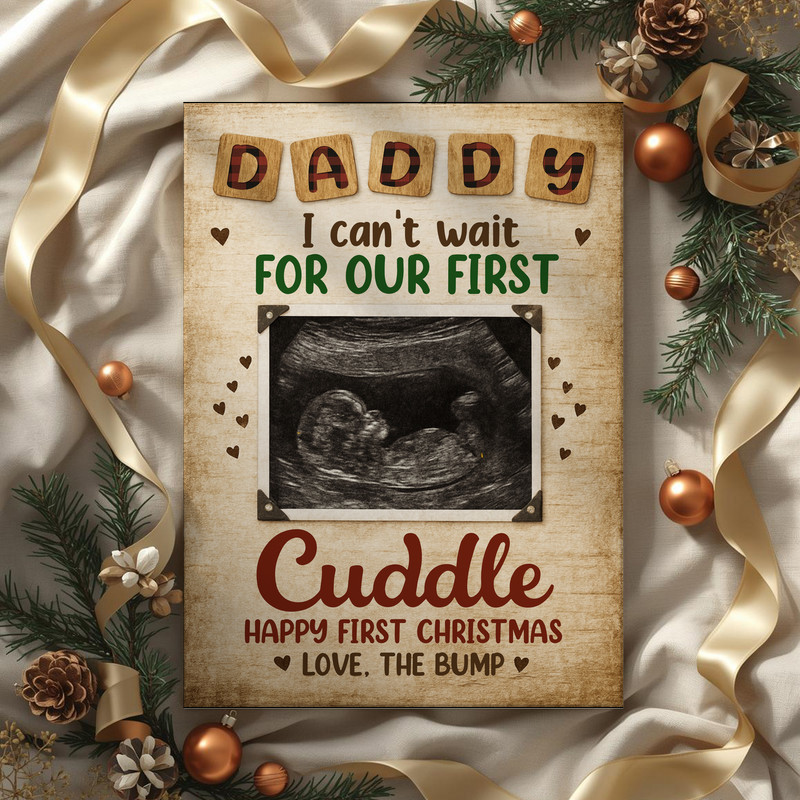 New dad gift rustic personalized canvas featuring ultrasound photo and sweet message from bump, charming neutral tones