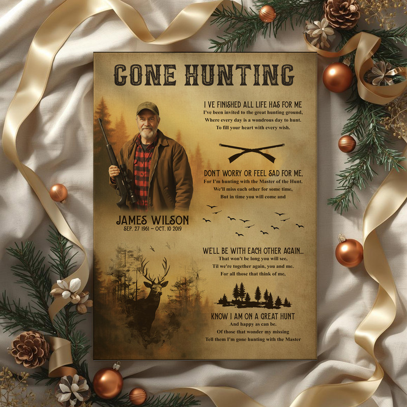 Rustic gone hunting canvas print, horizontal layout with deer scene, personalized with two names, grandpa remembrance art