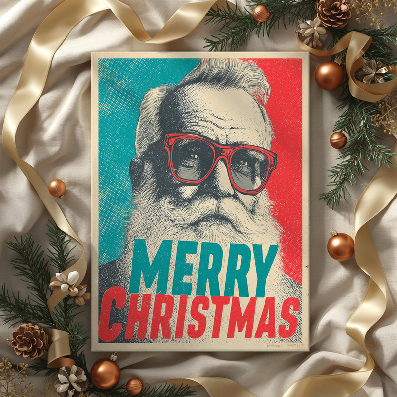 Pop art Santa Christmas canvas wall art, comic caption style with outlines, cream backdrop and red hat, for hallway decor