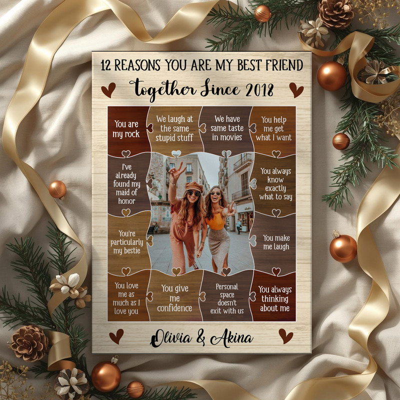 Friendship rustic canvas wall art, twelve reasons for my best friend, personalized with names, sweet thank-you gift idea