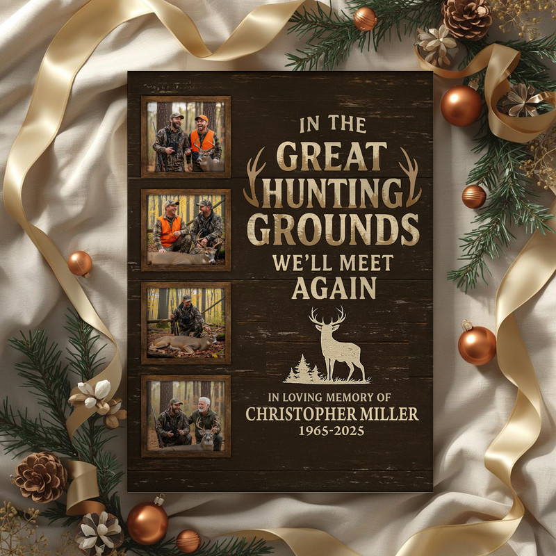 Rustic farmhouse memorial hunting canvas with buck at sunrise, custom name and memorial years, vertical print, lodge entryway wall display