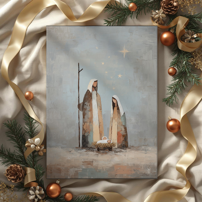 Nativity canvas wall art for entryway in rustic style, minimalist Holy Family, neutral beige tones for Christmas decor