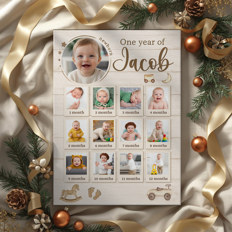 Rustic 1st birthday photo collage canvas print, personalized baby first year milestones with custom name and date